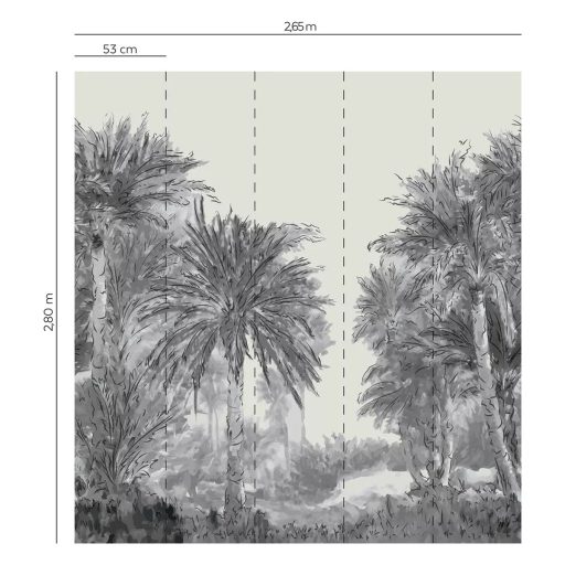 Kortárs ábrázolású pálmaliget panoráma monokróm színekben szürke fekete fehér és ecru tónus falpanel