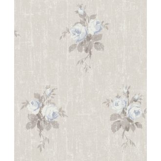   Rasch Souvenir 516111 Virágos pünkösdi rózsacsokrok durva vakolaton krémfehér bézs szürke kék tapéta