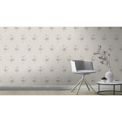 Rasch Souvenir 516111 Virágos pünkösdi rózsacsokrok durva vakolaton krémfehér bézs szürke kék tapéta