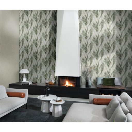 Rasch Concrete 520057 Natur Összefonódó grafikai (levél) minta extravagáns struktúra zöld árnyalatok szürke matt arany finom csillogás tapéta