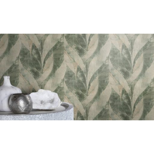 Rasch Concrete 520057 Natur Összefonódó grafikai (levél) minta extravagáns struktúra zöld árnyalatok szürke matt arany finom csillogás tapéta