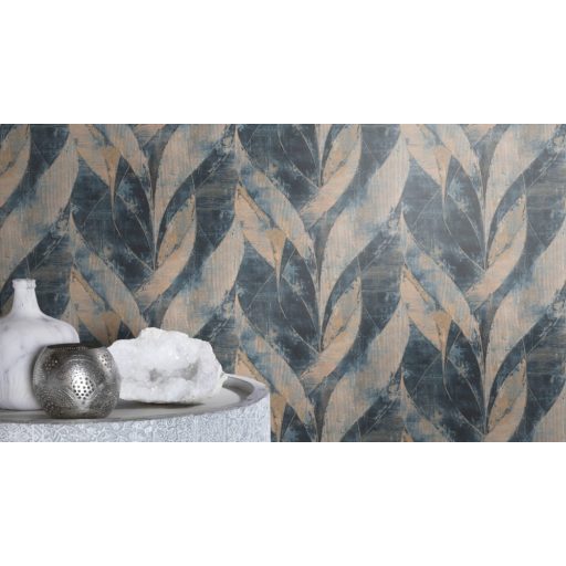 Rasch Concrete 520064 Natur Összefonódó grafikai (levél) minta extravagáns struktúra ég és sötétkék bézs matt arany finom csillogás tapéta