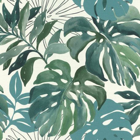 Rasch Make a Change/Maya 526608 Akvarell trópusi levelek fehér zöld kék tapéta