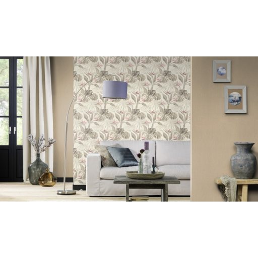 Rasch mandalay 529005 trópusi növények papagájvirág fehér dzürkésbézs rózsaszín tapéta