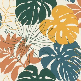   Rasch Denzo II 529302 Natur Grafikus túlméretes levelek fehér okkersárga nádzöld petrol lazacvörös tapéta
