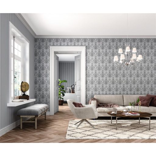 Francia rokokó design csillogó szatén felülettel szürke ezüst tapéta