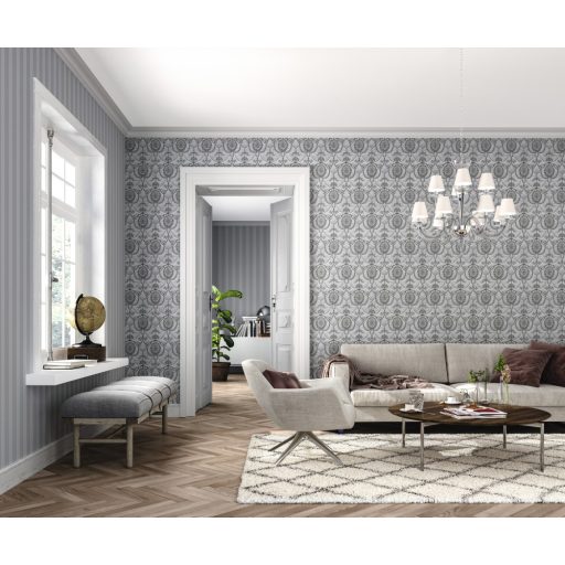 Rasch Trianon XII, 532357 klasszikus csíkos csillogó ezüst szürke tapéta