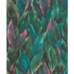   A festő ecsetjéről - dekoratív művészi levelek zöld rózsaszín/lila türkiz fekete tapéta