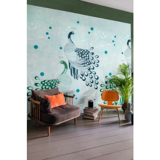 Natur stilizált pávák tollazata egzotikus virágok világos kékeszöld kék és zöld árnyalatok falpanel