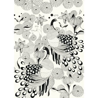 Club Botanique 539165  Natur stilizált pávák tollazata egzotikus virágok fehér fekete falpanel