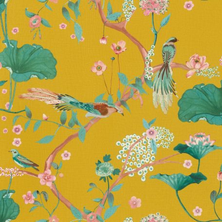 Rasch Amazing 539448 Natur Japán természeti motívum finoman rajzolt virágok egzotikus madarak mély sárga rózsaszín zöld barna tapéta