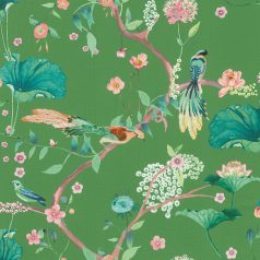   Rasch Amazing 539455 Natur Japán természeti motívum finoman rajzolt virágok egzotikus madarak zöld vízkék rózsaszín barna tapéta