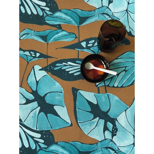 Rasch Amazing 539660 Natur Absztrakt formájú ázsiai lótuszlevelek vászon struktúra mustársárga/barna türkz sötétkék tapéta