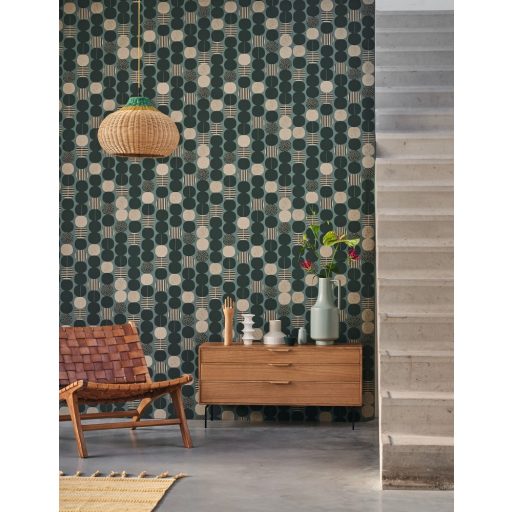 Rasch Amazing 539752 Grafikus Láncreakció! kézzel festett körök egymás után sorakoznak zöldeskék olívzöld szürke meleg bézs/bézsarany tapéta