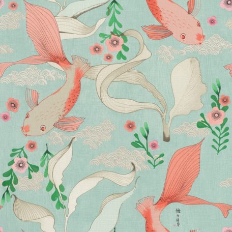 Rasch Amazing 539837 Natur Egy a japán stílusú minták repertoárjából Koi pontyok kecses vizi növények körében vízzöld rosé lazacszín fehér tapéta