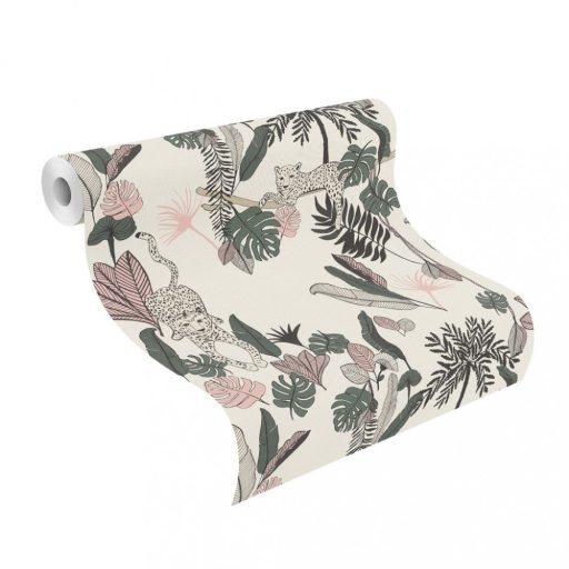  540338 Natur trópusi növények levelek krémfehér sötétzöld rózsaszín antracit tapéta