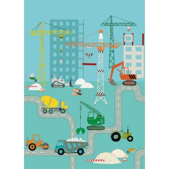  Rasch Studio Onszelf Stories 540772 Gyerekszobai építkezés munkagépek daruk kékeszöld szines falpanel