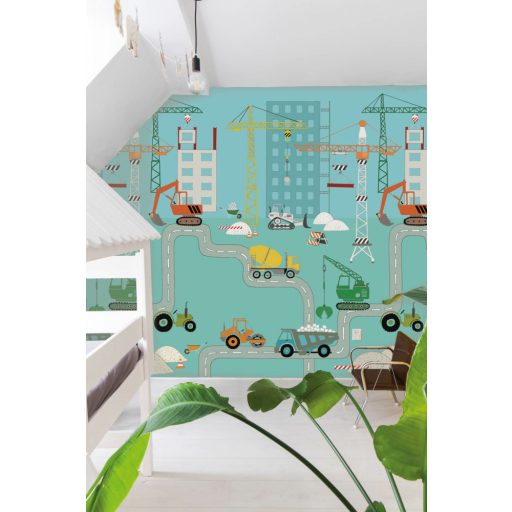 Rasch Studio Onszelf Stories 540772 Gyerekszobai építkezés munkagépek daruk kékeszöld szines falpanel