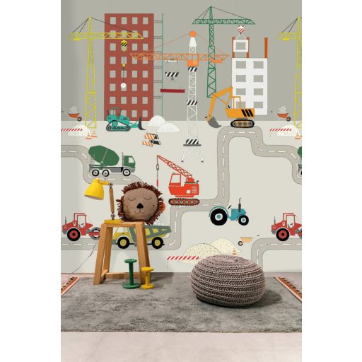Rasch Studio Onszelf Stories 540789 Gyerekszobai építkezés munkagépek daruk szürke bézs szines falpanel