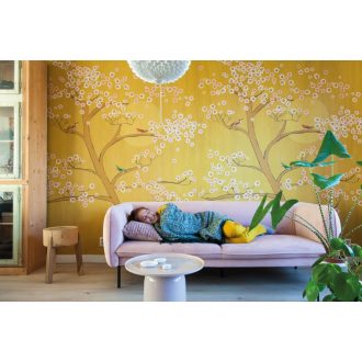   Rasch Amazing 542127 Natur Természeti kép virágzó cseresznyefa holdfényben szines madarakkal mély sárga rózsaszín fehér falpanel