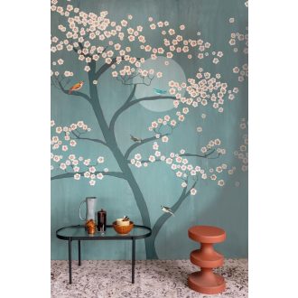   Rasch Amazing 542134  Natur Természeti kép virágzó cseresznyefa holdfényben szines madarakkal azúrkék rózsaszín fehér falpanel