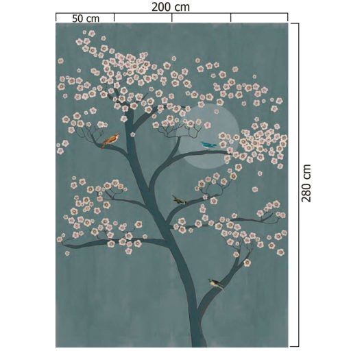 Rasch Amazing 542134  Natur Természeti kép virágzó cseresznyefa holdfényben szines madarakkal azúrkék rózsaszín fehér falpanel