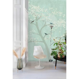   Rasch Amazing 542141 Natur Természeti kép virágzó cseresznyefa holdfényben szines madarakkal vízkék/vízzöld, krémszín fehér falpanel