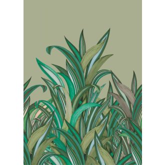   Rasch Amazing 542226 Natur Botanikus Áthatolhatatlan csíkos trópusi levelek zsályazöld szürkésbarna és zöld árnyalatok fehér falpanel