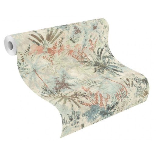 Rasch Poetry II 543025 Natur Organikus textil pálma páfrány bokor krém bézs rózsaszín kék zöld korall tapéta