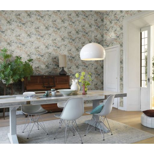 Rasch Poetry II 543025 Natur Organikus textil pálma páfrány bokor krém bézs rózsaszín kék zöld korall tapéta