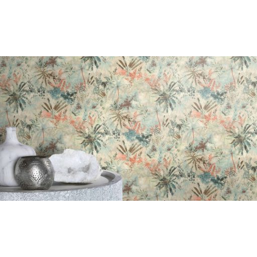 Rasch Poetry II 543025 Natur Organikus textil pálma páfrány bokor krém bézs rózsaszín kék zöld korall tapéta