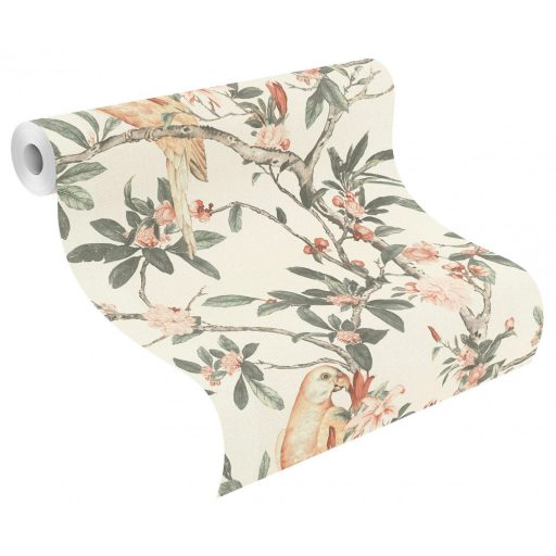 Rasch Poetry II 543315 Natur textil Papagáj virágzó levélágakon törtfehér sötét zsályazöld púderszín barack bézs szürke tapéta