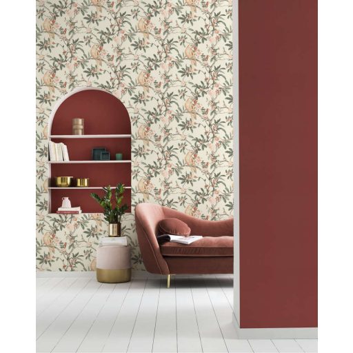 Rasch Poetry II 543315 Natur textil Papagáj virágzó levélágakon törtfehér sötét zsályazöld púderszín barack bézs szürke tapéta