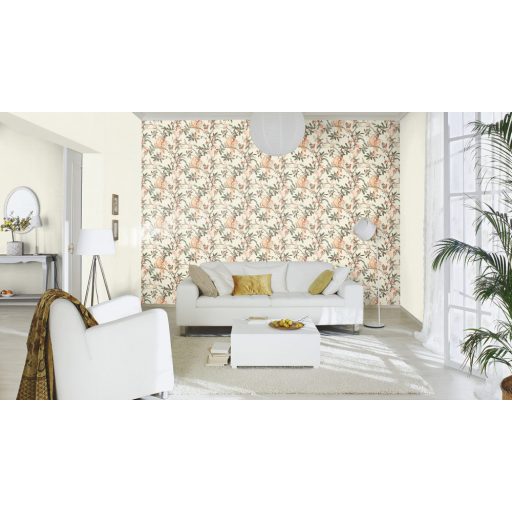 Rasch Poetry II 543315 Natur textil Papagáj virágzó levélágakon törtfehér sötét zsályazöld púderszín barack bézs szürke tapéta