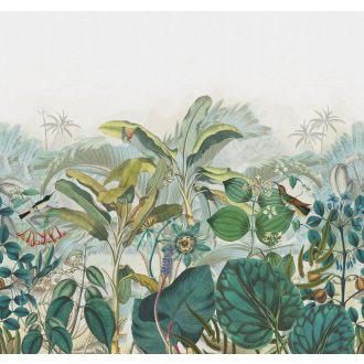   Mozgalmas trópusi életkép egzotikus madarakkal szürke kék zöld szines falpanel