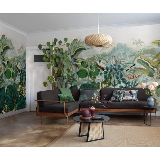 Mozgalmas trópusi életkép egzotikus madarakkal szürke kék zöld szines falpanel