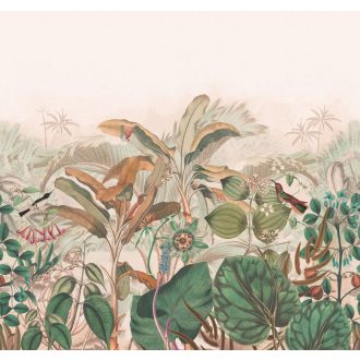   Mozgalmas trópusi életkép egzotikus madarakkal bézs rózsaszín zöld szines falpanel