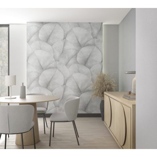 Japandi stílusú nagyformátumú design levélminta szürkésfehér szürke és ezüst tónus falpanel