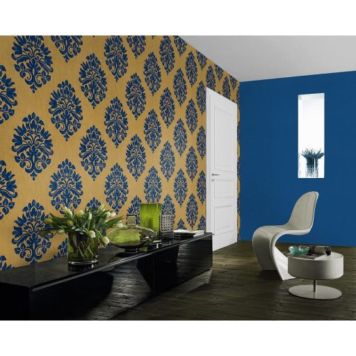 Rasch En Suite 545722 klasszikus nagyformátumú barokk díszítőminta aranysárga kék tapéta