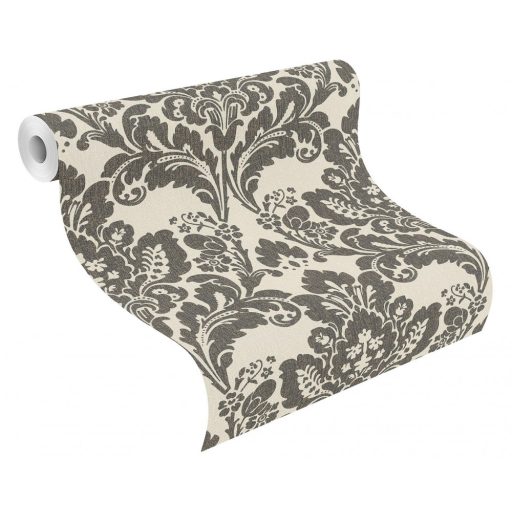 Rasch Poetry II 547337 Klasszikus nyagyformátumú barokk díszítőminta textilstruktúra krém szürkésbarna arany csillámló részecskék tapéta