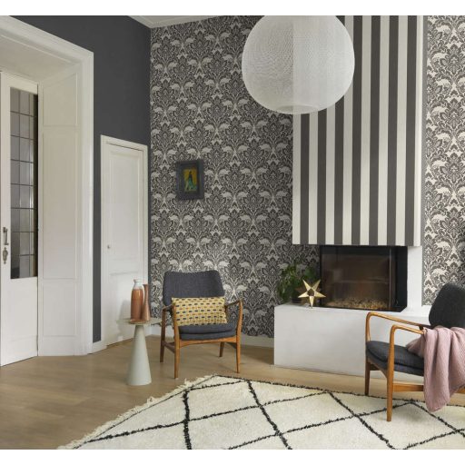 Rasch Poetry II 547337 Klasszikus nyagyformátumú barokk díszítőminta textilstruktúra krém szürkésbarna arany csillámló részecskék tapéta