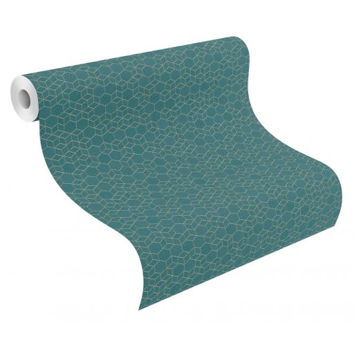 Rasch Highlands 550368  Geometrkius kockák láncolata petrolzöld csillogó arany tapéta