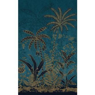   Rasch Salisbury 552034 Trópusi Botanikus kifinomult megjelenés hangulatos pálmafák aljnövényzettel petrolkék fekete arany falpanel