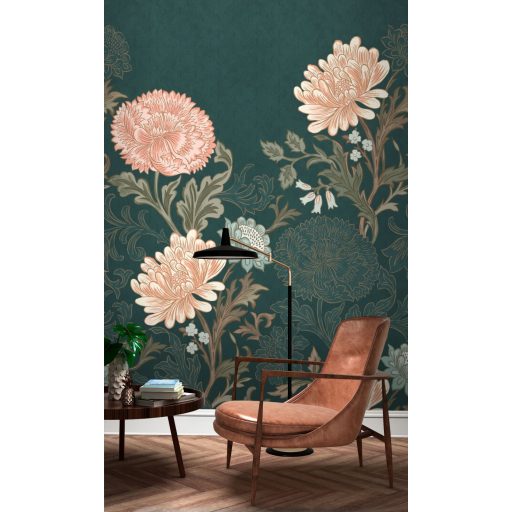 Rasch Salisbury 552201 Virágos kézzel festett stílusos virágmotívum Art Deco háttéren Art Deco háttéren sötétzöld bézs rózsaszín zöld falpanel