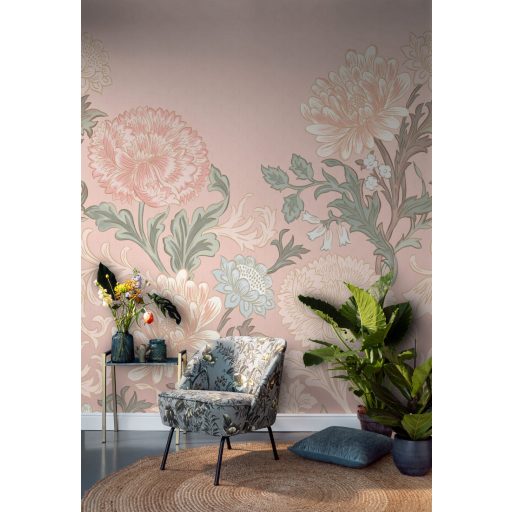 Rasch Salisbury 552249 Virágos kézzel festett stílusos virágmotívum Art Deco háttéren rózsaszín pasztell pink és zöld bézs falpanel