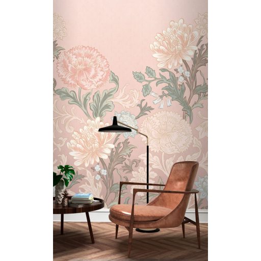 Rasch Salisbury 552249 Virágos kézzel festett stílusos virágmotívum Art Deco háttéren rózsaszín pasztell pink és zöld bézs falpanel