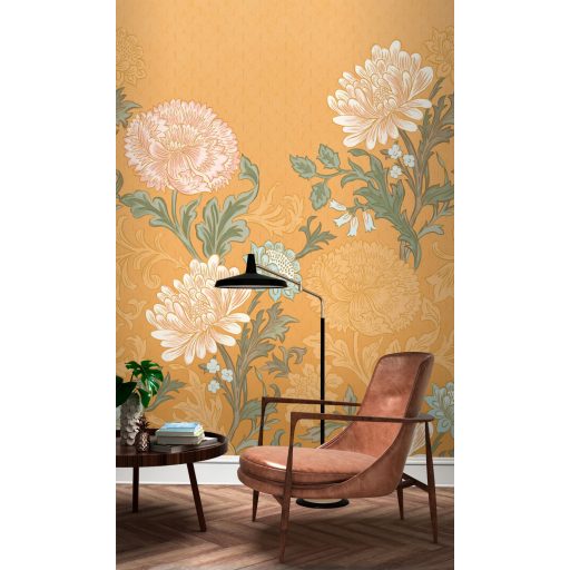 Rasch Salisbury 552263 Virágos kézzel festett stílusos virágmotívum Art Deco háttéren aranysárga zöld rózsaszín krémfehér falpanel