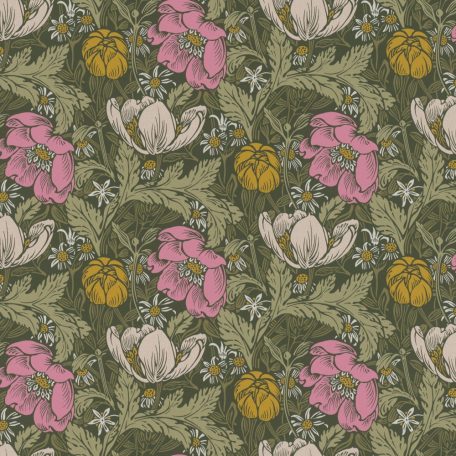 Rasch Salisbury 552560 Vintage angol stílusú vadvirágos minta zöld rózsaszín currysárga fehér tapéta