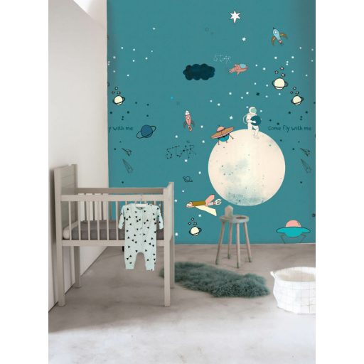 Rasch Studio Onszelf Stories 557442 Gyerekszobai Kis asztronauták kalandos űrutazáson kék/zöldeskék szines falpanel