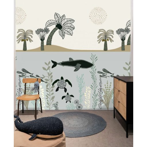 Rasch Studio Onszelf Stories 557459 Gyerekszobai Tengerpart pálmák és vizivilág vízkék fehér barna fekete falpanel